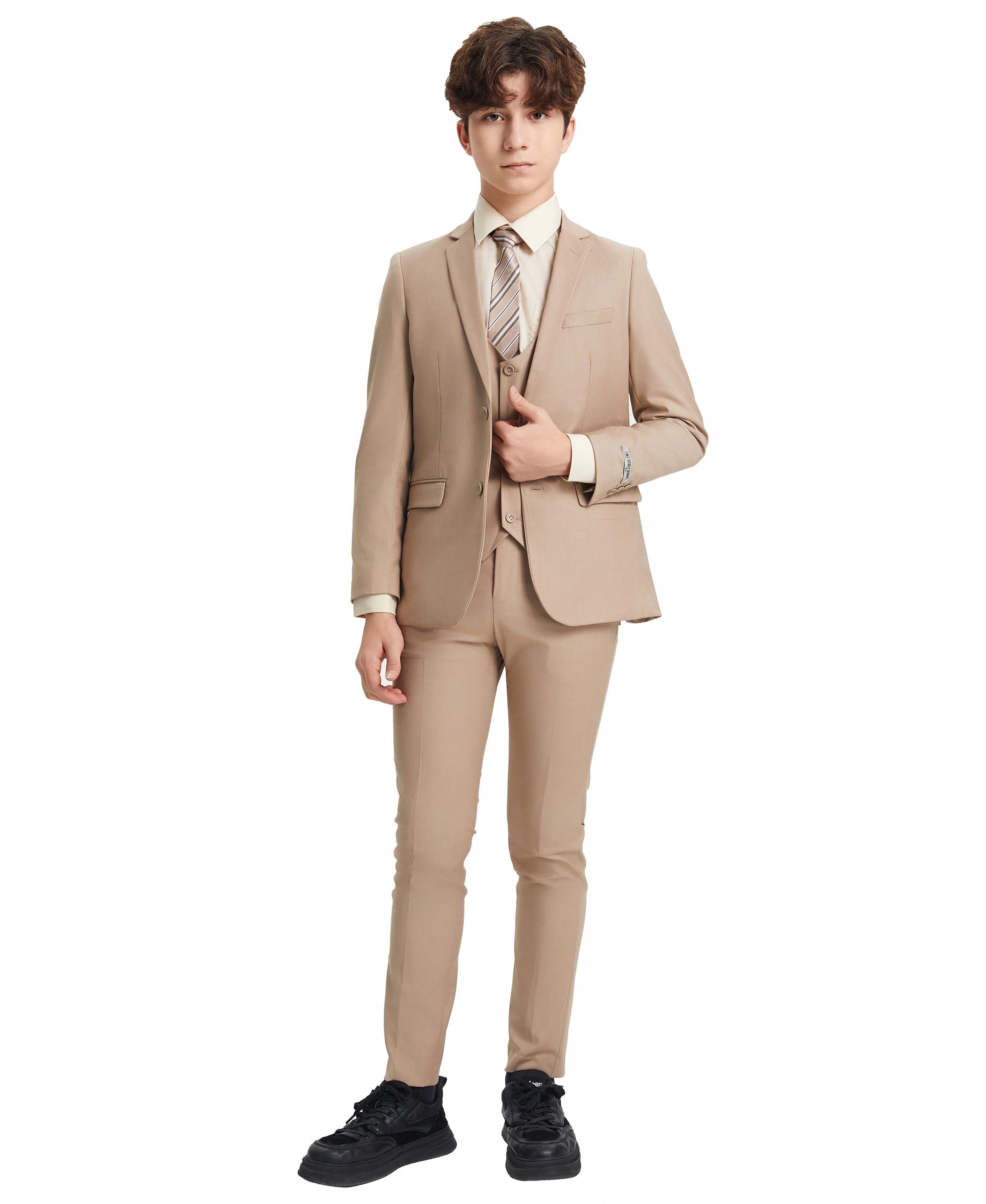 Man wearing a beige suit with a white shirt and striped tie on a white background
