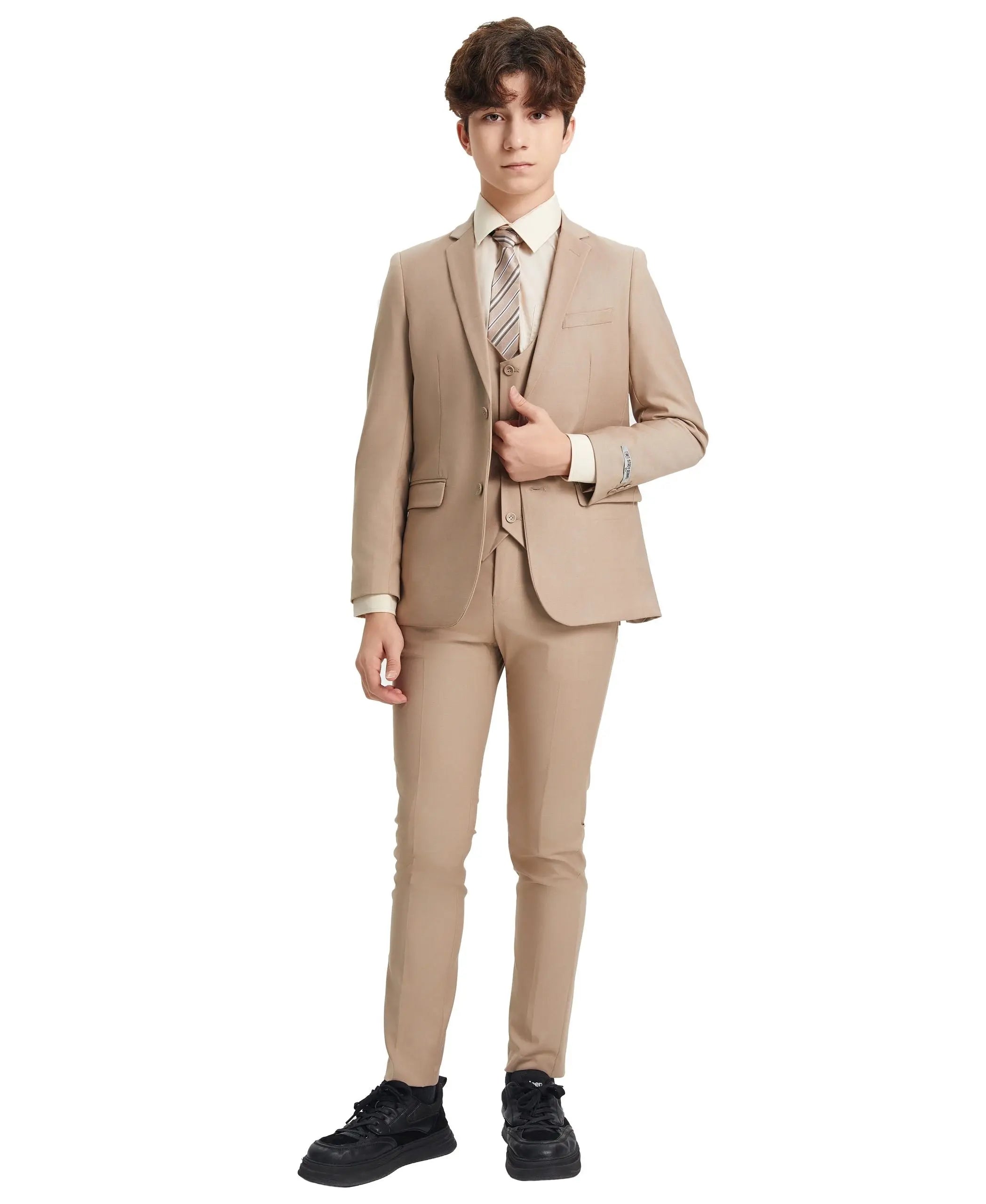 Man wearing a beige suit with a white shirt and striped tie on a white background