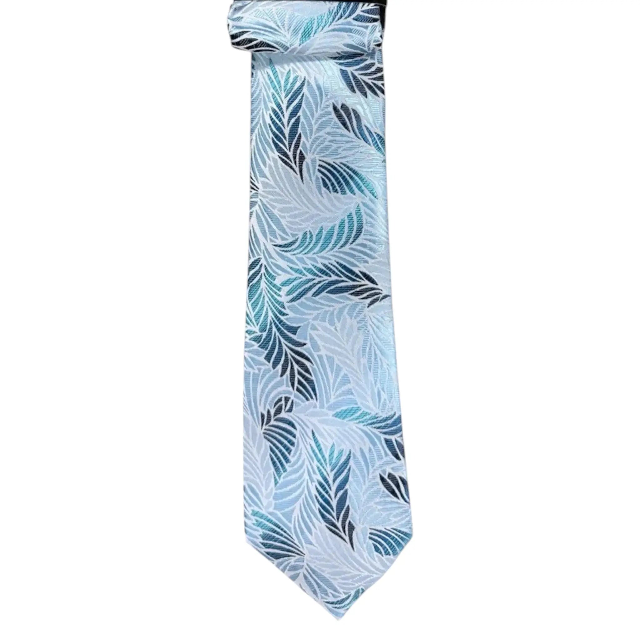 M & R Clothing Augustino tie featuring a light blue and teal woven floral and geometric leaf pattern on fabric.