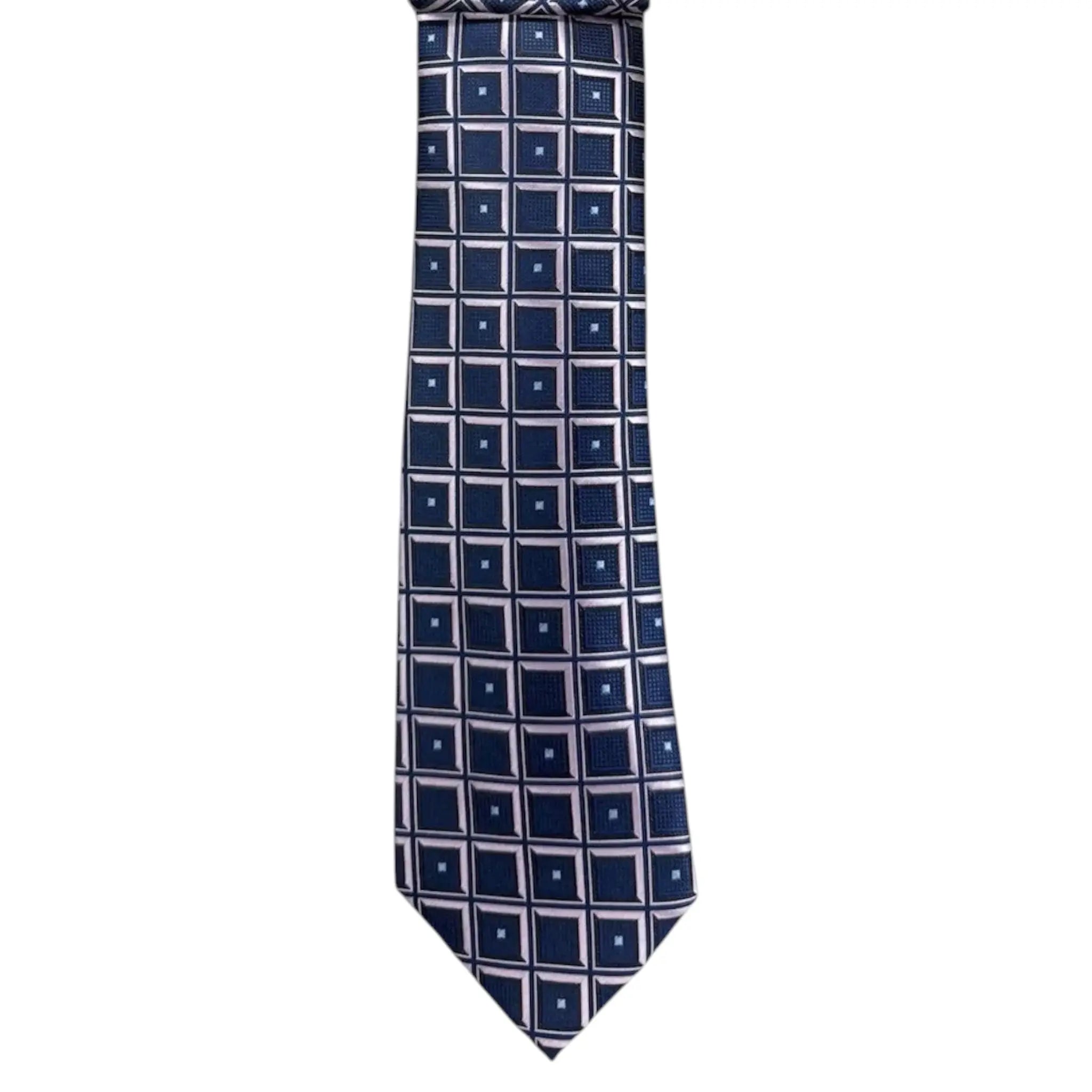 M & R Clothing Augustino tie featuring a navy blue and silver geometric square pattern in a lustrous woven fabric