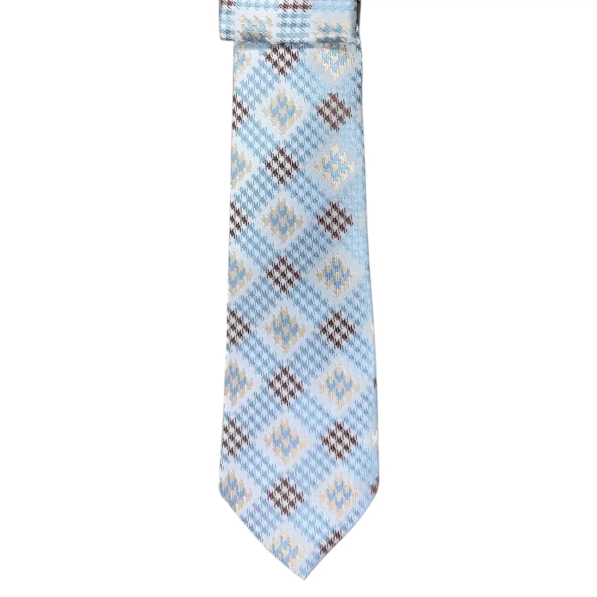 M & R Clothing Augustino tie featuring a light blue, cream, and brown geometric pattern in a woven fabric finish.