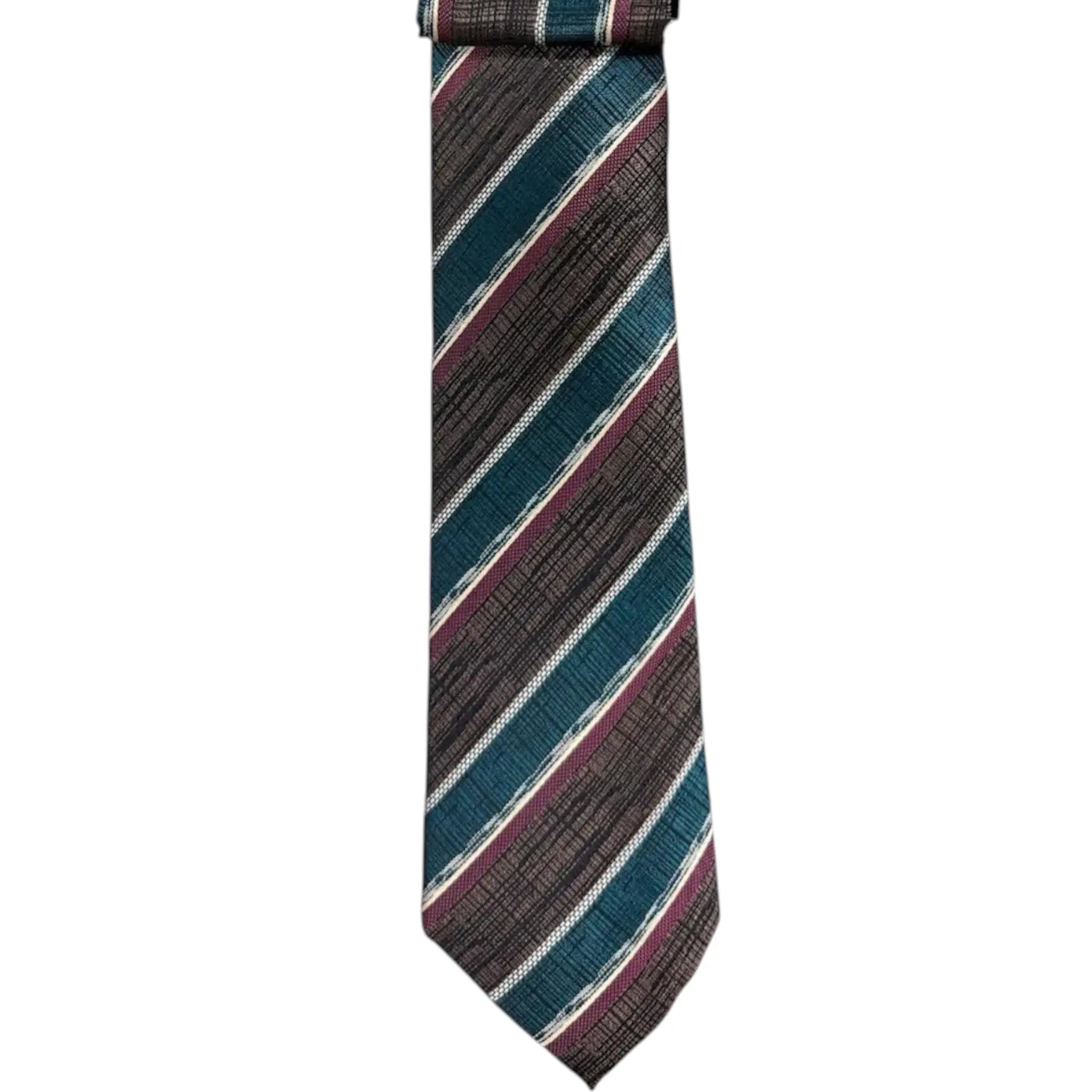 M & R Clothing Augustino striped tie and pocket square set in teal, burgundy, and grey woven fabric on a hanger