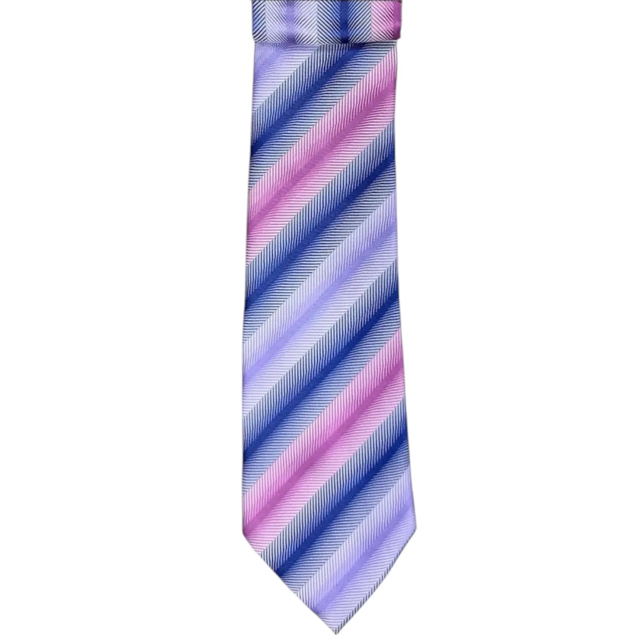 M & R Clothing Augustino striped tie and pocket square set in vibrant purple, blue, and pink woven fabric.