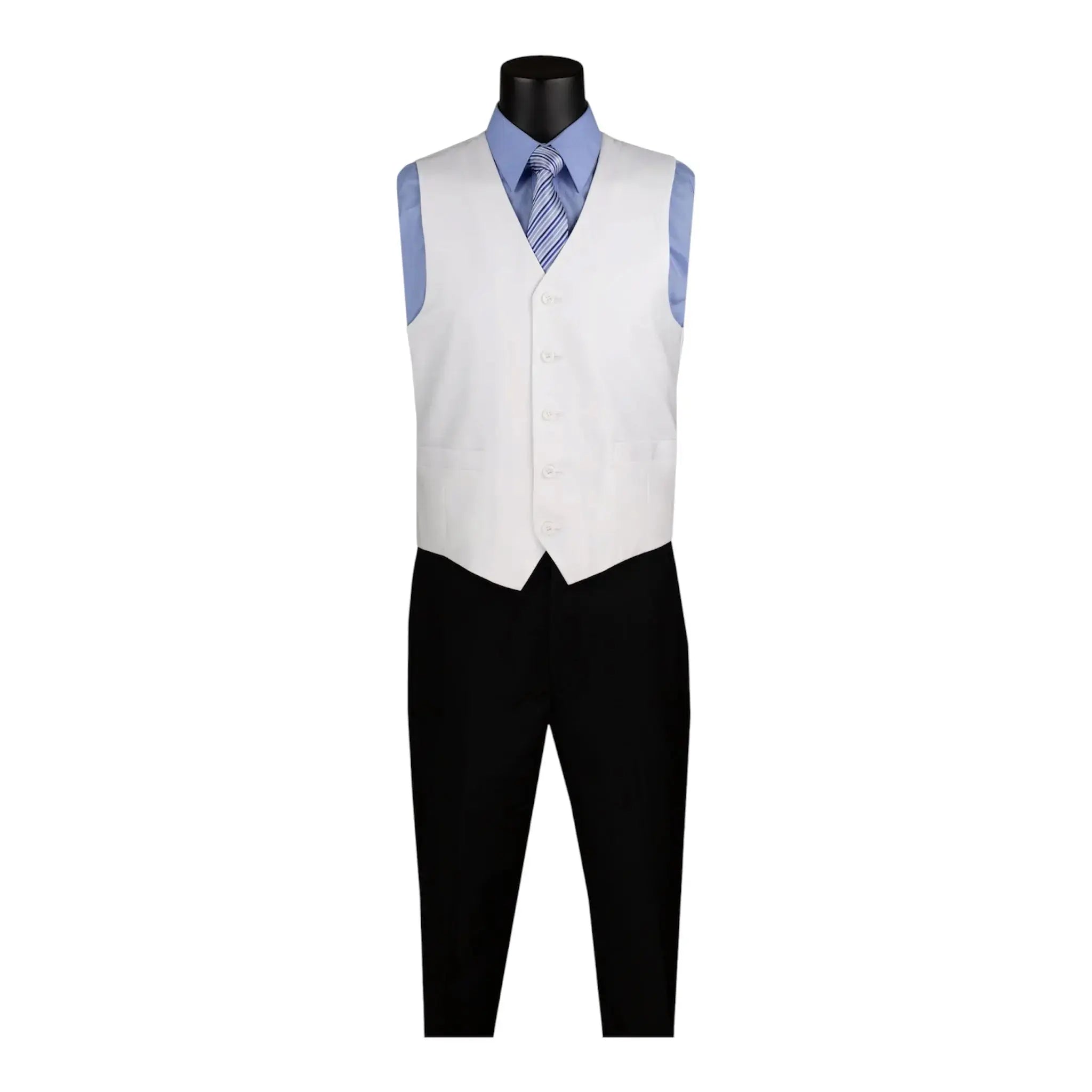 M & R Clothing beige single-breasted suit vest worn over a blue dress shirt with a striped tie and black trousers