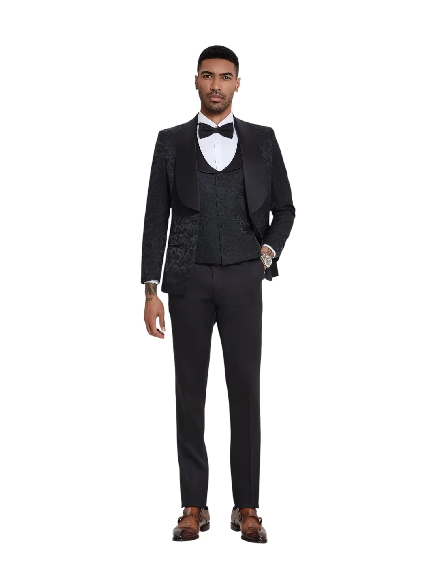 Model wearing a black M & R Clothing 3-piece floral jacquard tuxedo with a satin shawl lapel and matching vest.