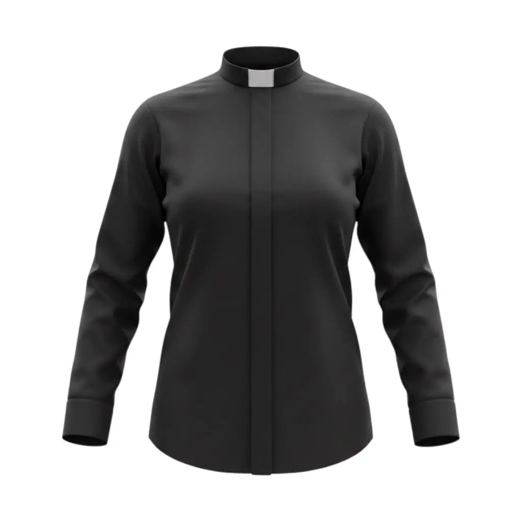 M & R Clothing ladies black long sleeve clergy shirt with a white tab collar in a tailored poly-cotton blend.