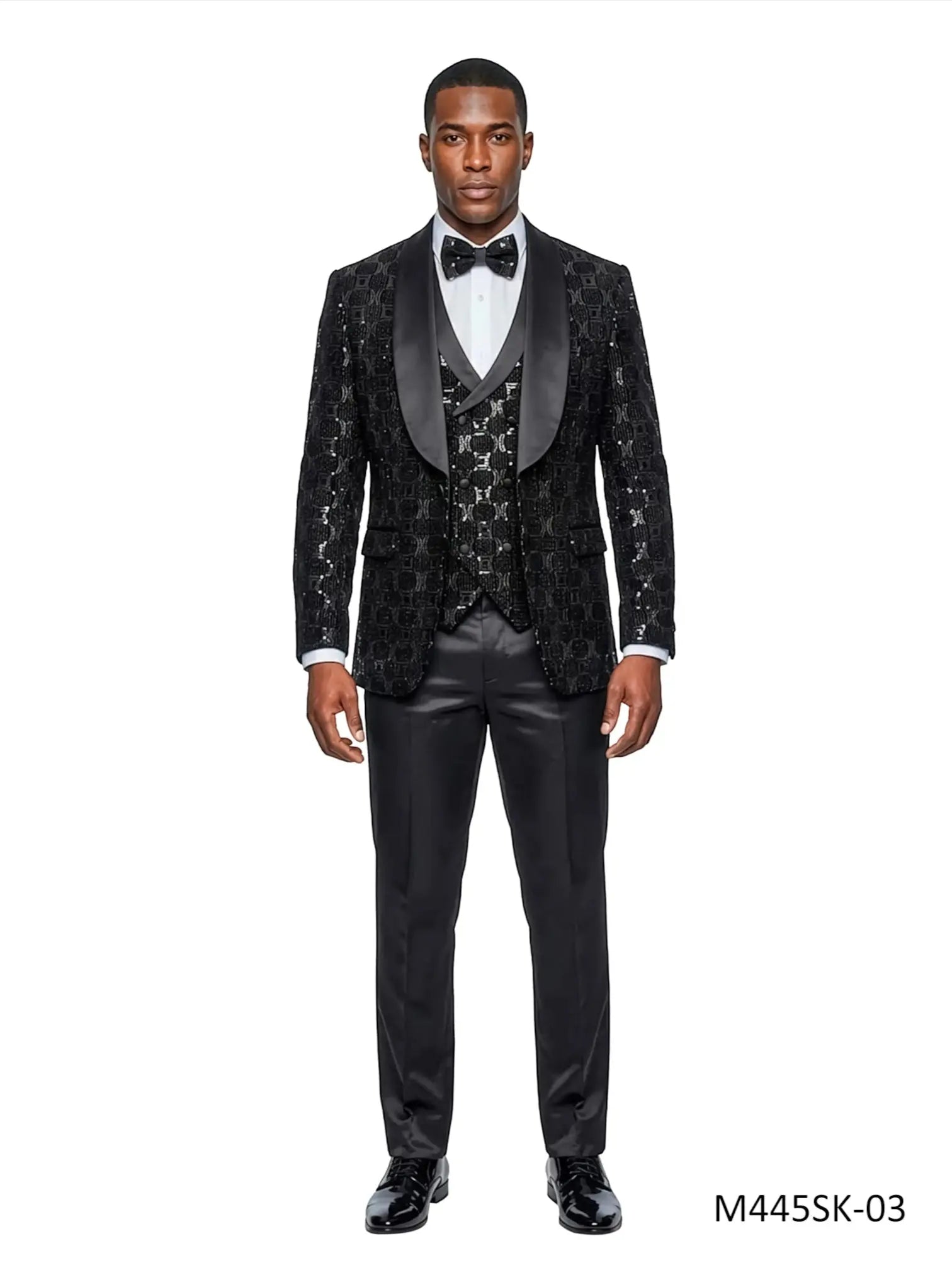 M & R Clothing Tazzio 3-piece black chained sequin tuxedo suit with satin shawl collar, vest, and matching bowtie.
