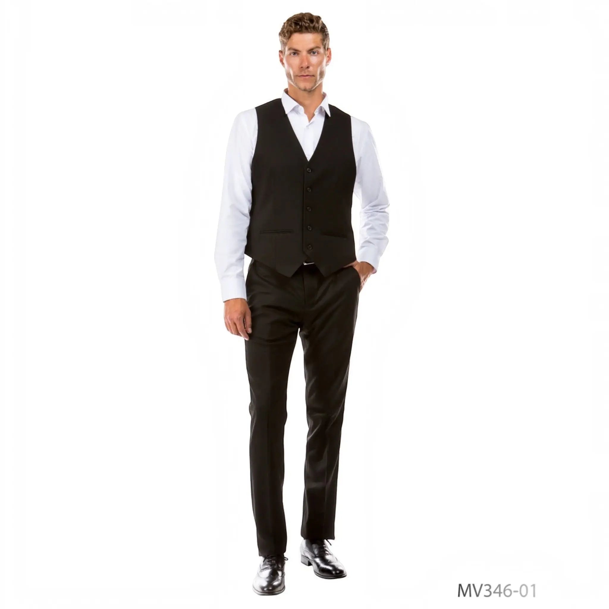Model wearing a M & R Clothing black single-breasted suit vest over a white dress shirt and black trousers