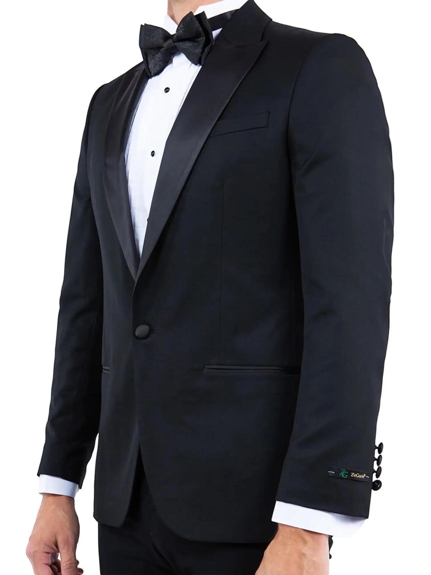 M & R Clothing Zegarie black tailored-fit tuxedo jacket with satin peak lapel, white dress shirt, and bow tie.