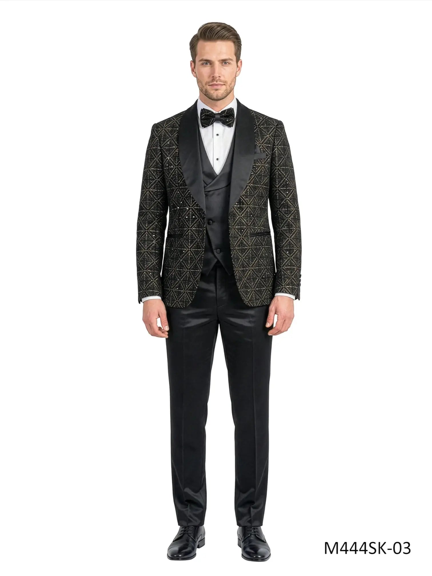M & R Clothing Tazio 3-piece black velvet and sequin tuxedo suit with satin shawl collar, vest, and matching bowtie.