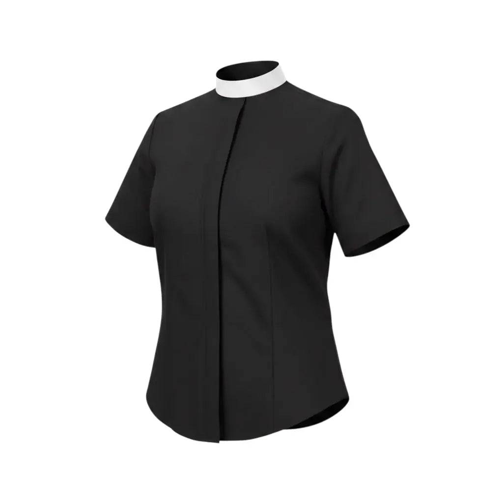 M & R Clothing black short sleeve clergy shirt for women featuring a traditional white full Roman collar