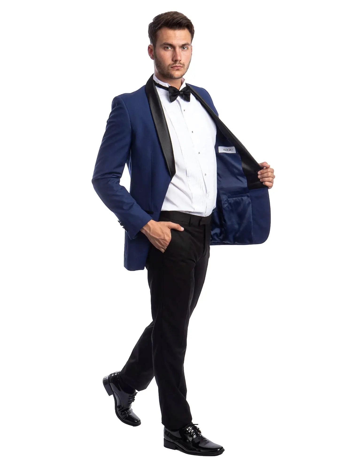 M & R Clothing men's 2-piece tuxedo with a blue jacket, black satin shawl collar, white shirt, and black trousers.