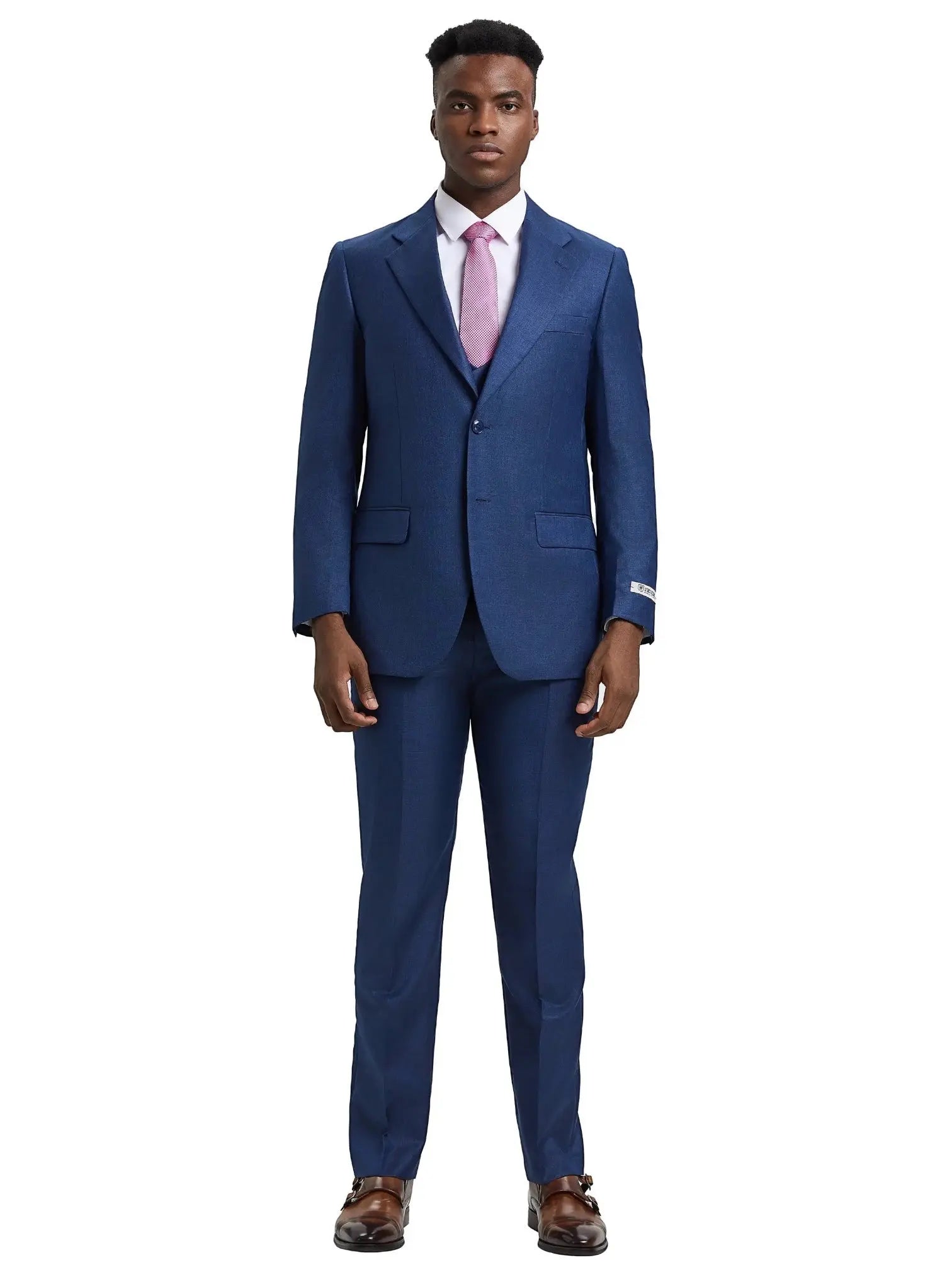 Model wearing a blue M & R Clothing Stacy Adams sharkskin 3-piece suit with a white shirt and pink tie
