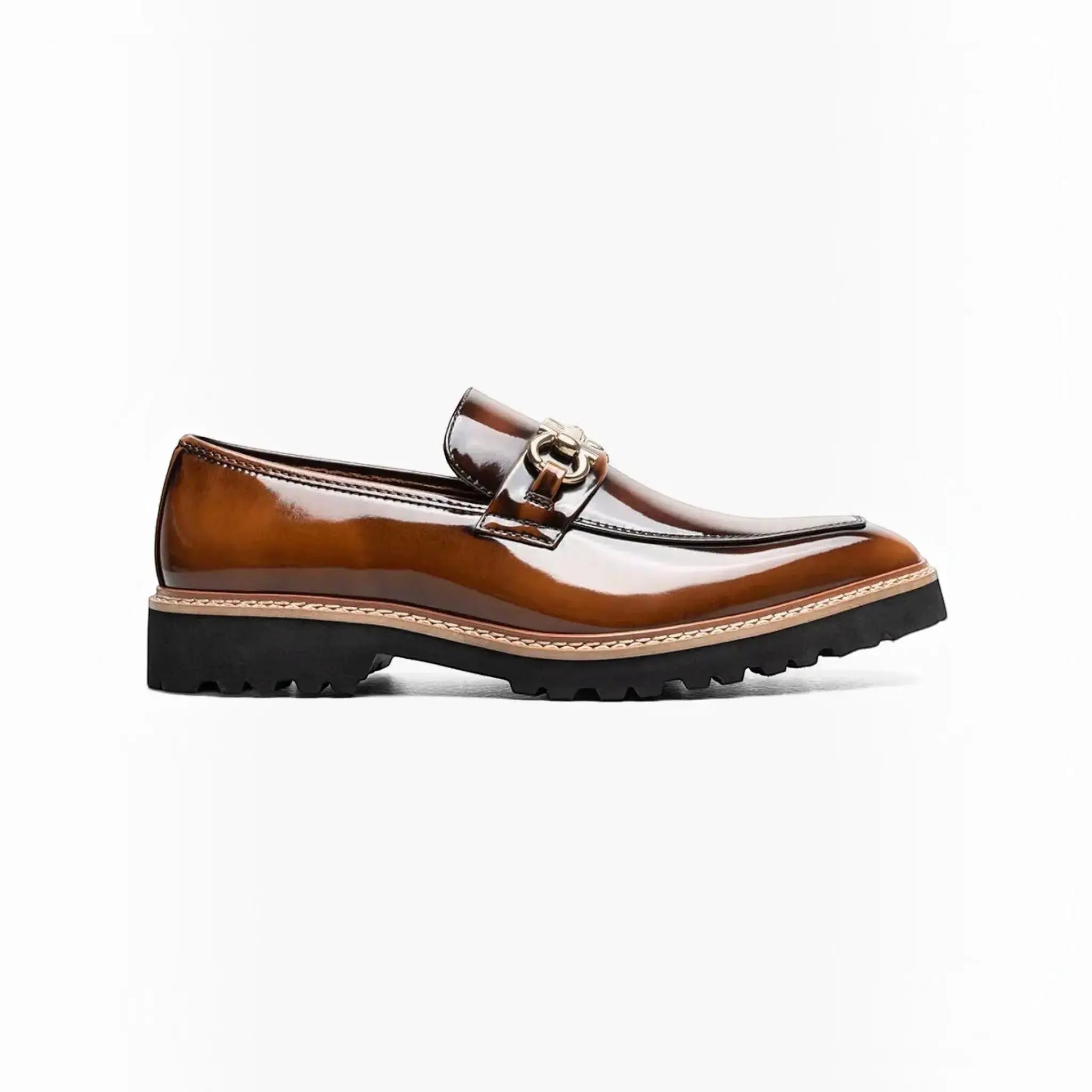M & R Clothing Stacy Adams Carabello brown patent leather horsebit slip-on loafer with a chunky lug sole