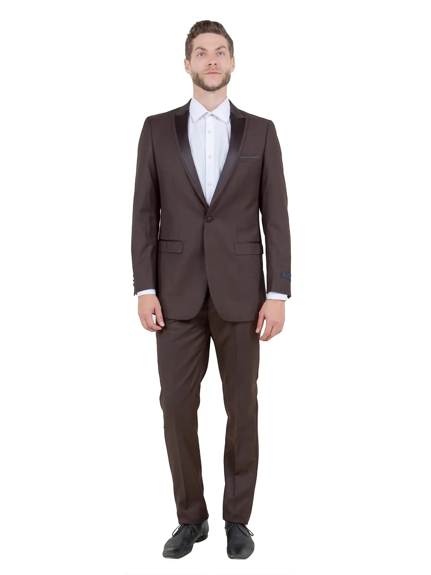 M & R Clothing Bryan Michaels brown one-button tuxedo with satin peak lapel worn by a model on a white background