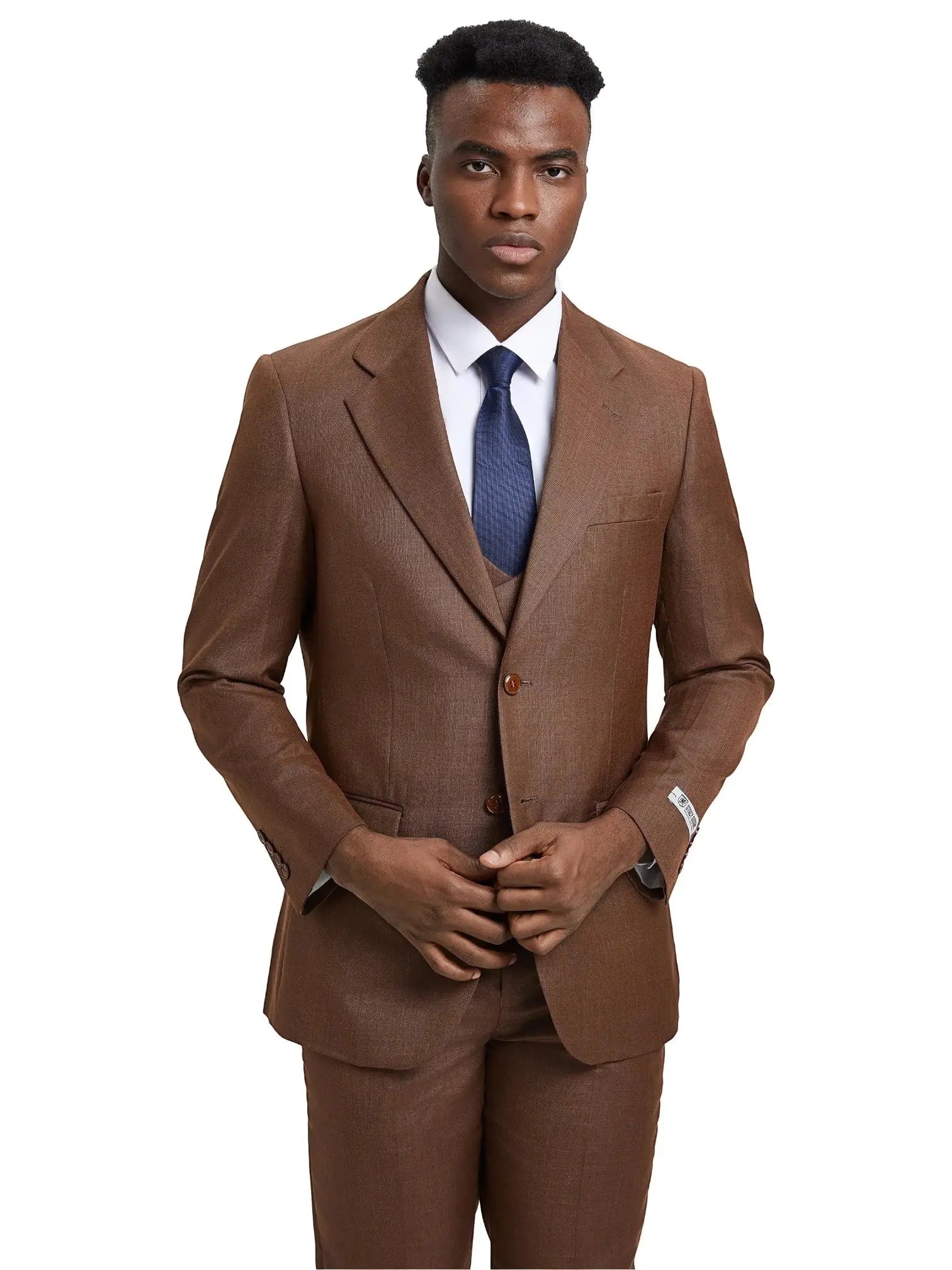 Model wearing a brown M & R Clothing Stacy Adams 3-piece sharkskin suit with a white shirt and blue tie.
