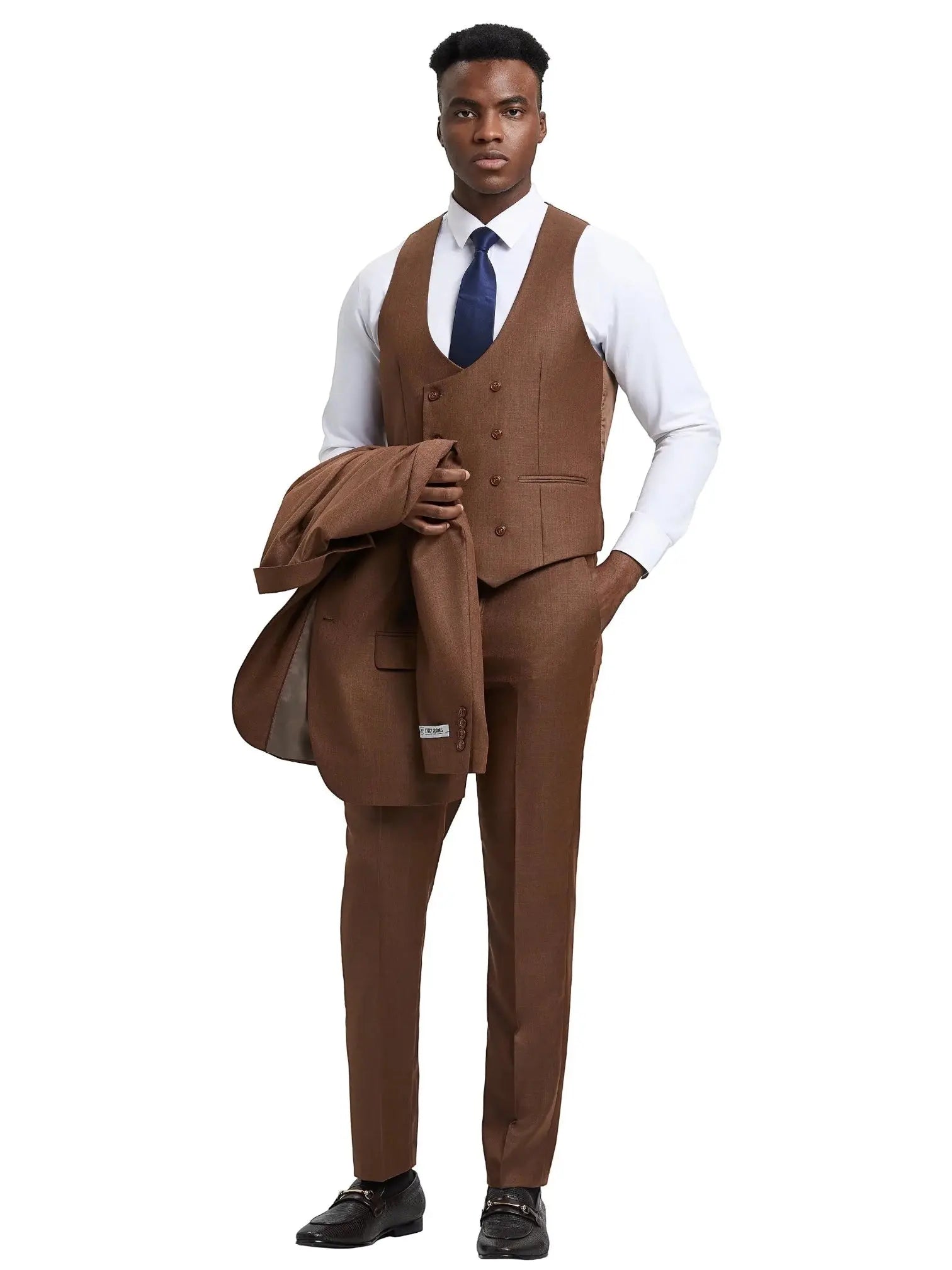 Model wearing a brown M & R Clothing Stacy Adams sharkskin 3-piece suit with a vest, dress shirt, and tie.