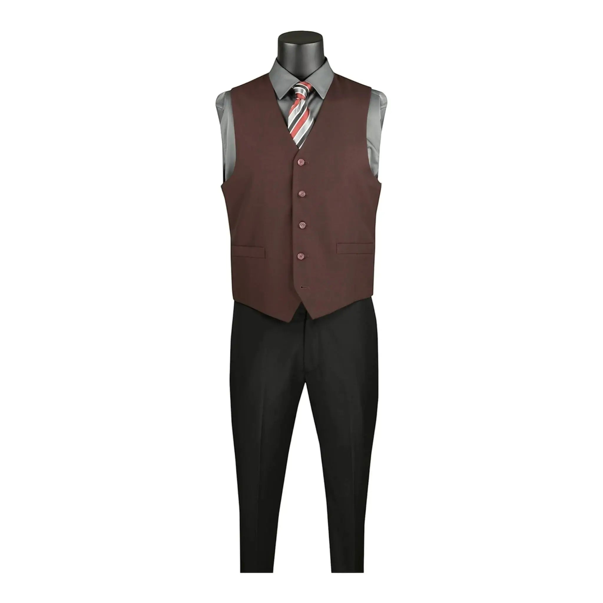 M & R Clothing brown single-breasted suit vest worn over a grey dress shirt with a striped tie and black trousers.