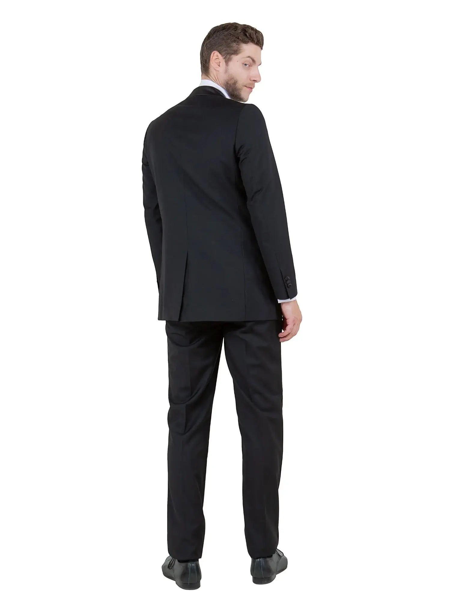 M & R Clothing Bryan Michaels black tuxedo jacket with satin lapel worn by a man in a back view pose