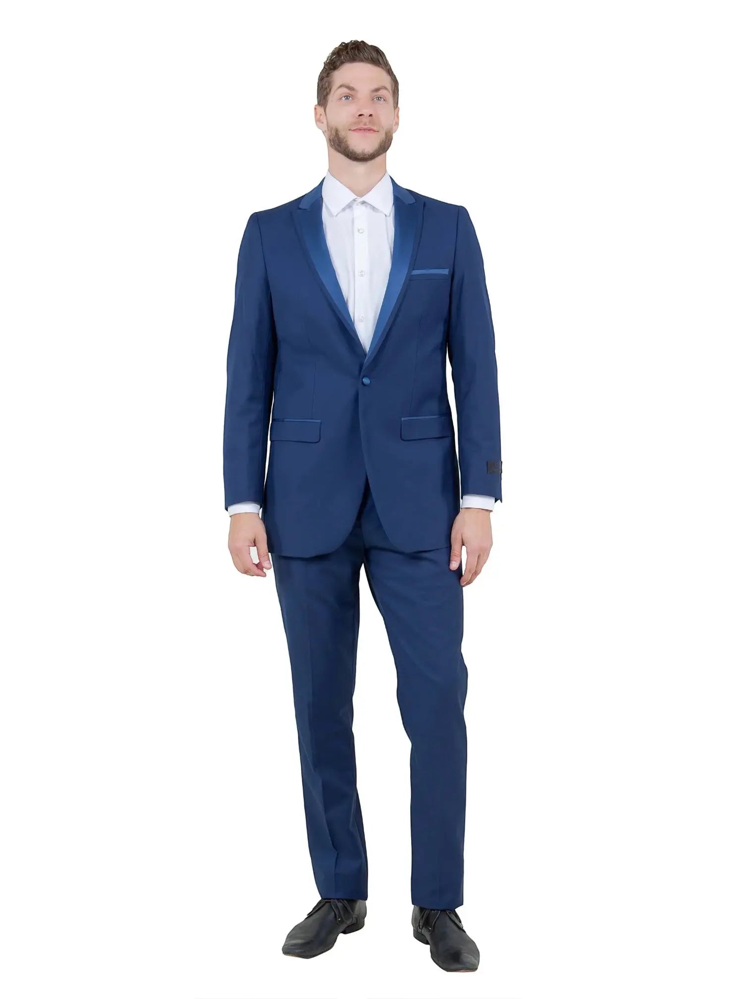 M & R Clothing Bryan Michaels blue tuxedo with satin peak lapel worn by a model in a white dress shirt