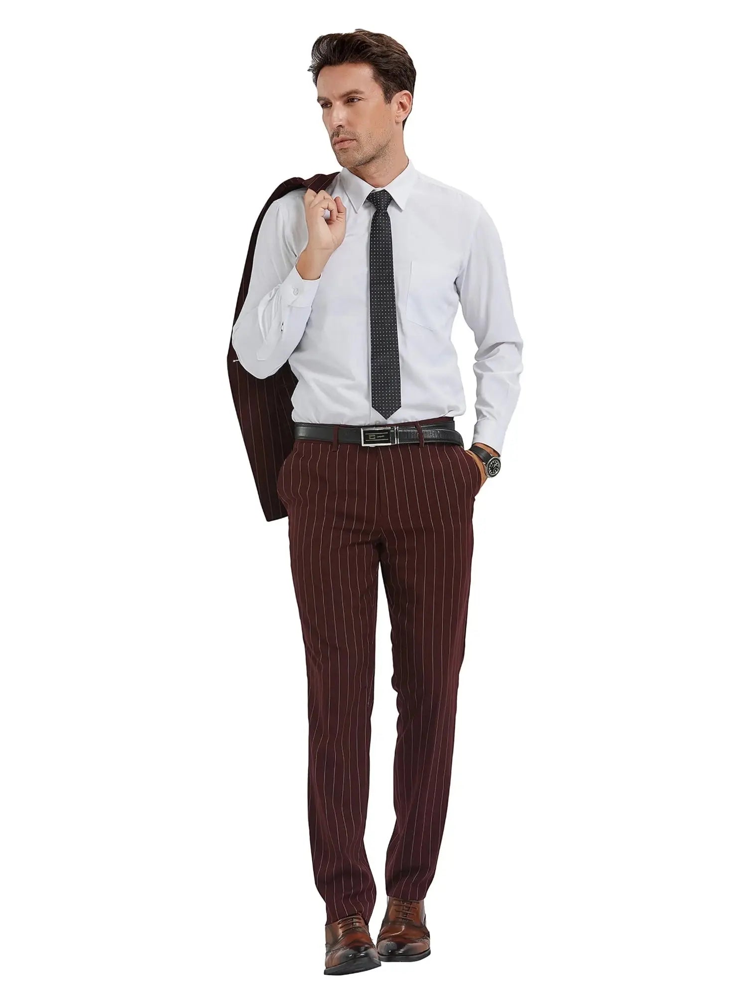 M & R Clothing slim fit pinstripe suit trousers in burgundy worn with a white dress shirt and tie