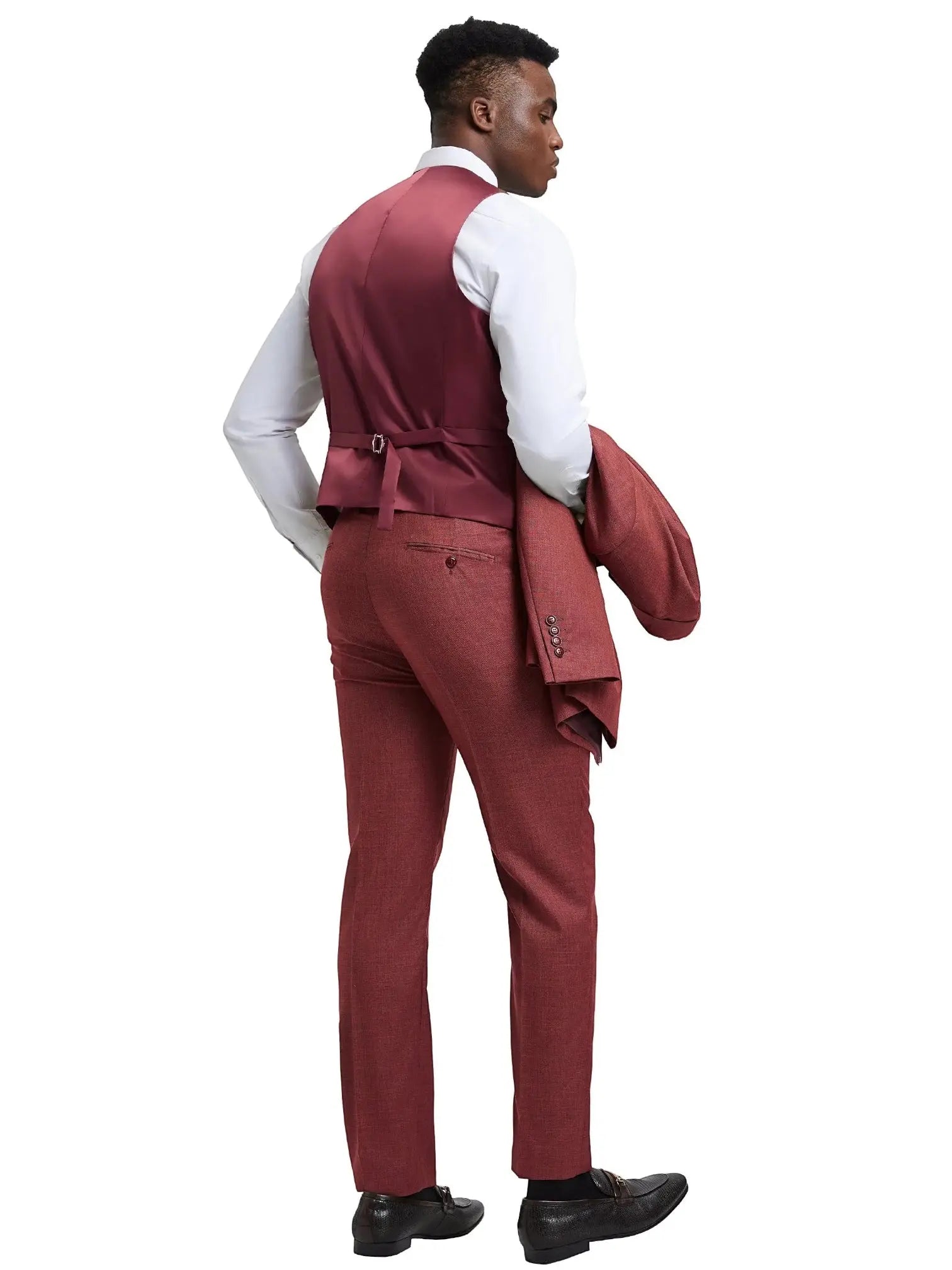 M & R Clothing Stacy Adams burgundy sharkskin 3-piece suit worn by a man from the back view
