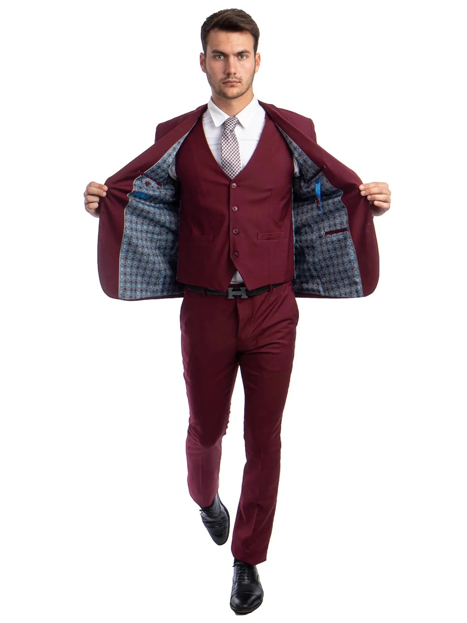 M & R Clothing burgundy skinny-fit 3-piece suit with waistcoat and patterned jacket lining on a male model