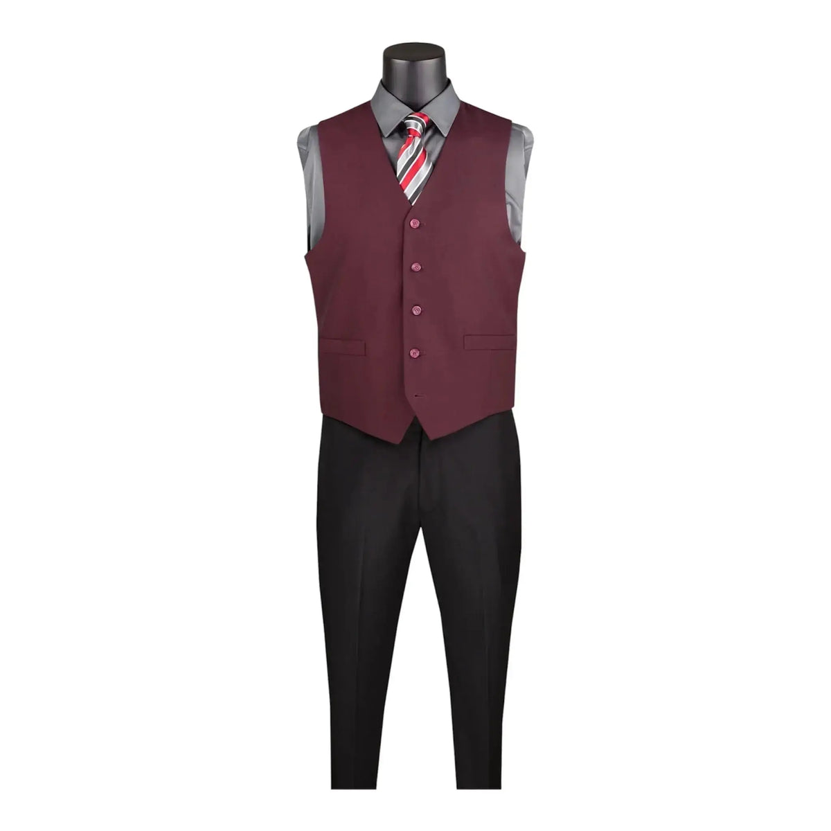 M & R Clothing burgundy single-breasted suit vest worn over a grey dress shirt and tie on a mannequin