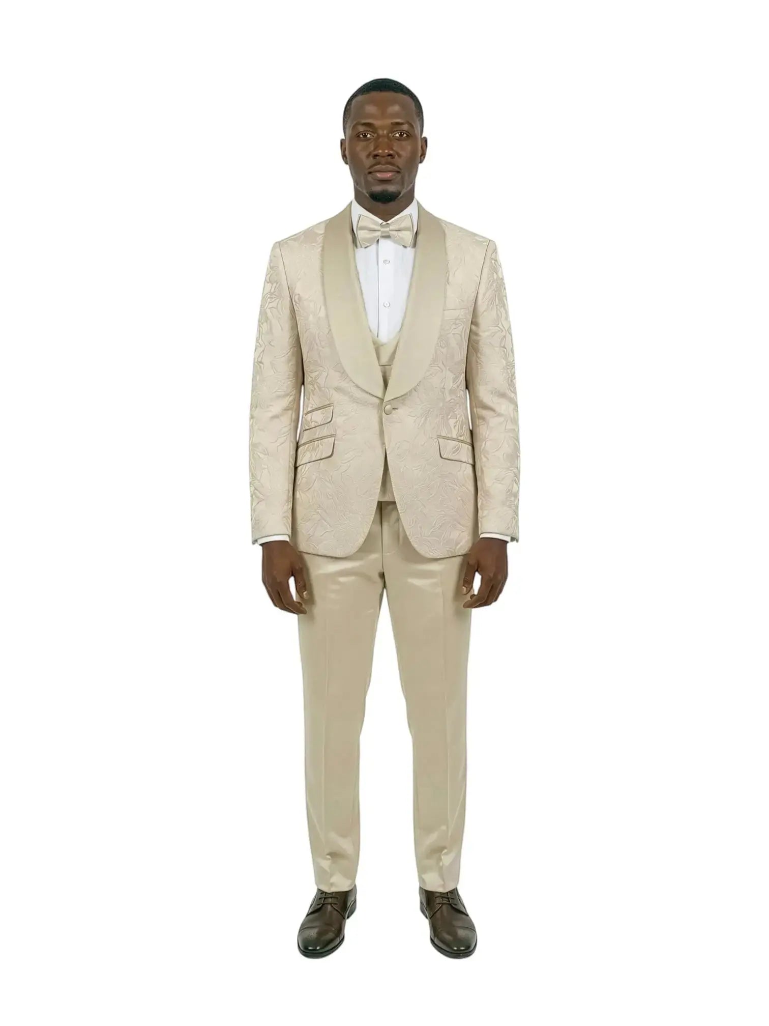 M & R Clothing 3-piece champagne jacquard tuxedo with satin shawl collar, double-breasted vest, and matching bowtie.