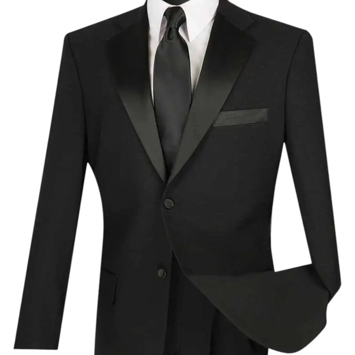 M & R Clothing 2-piece classic black tuxedo with satin lapels, white dress shirt, and matching black necktie.
