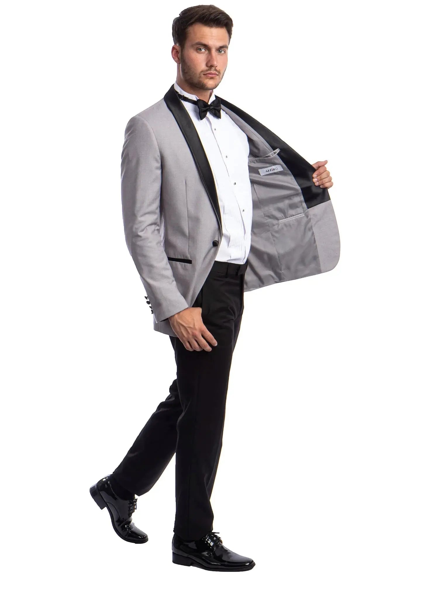 M & R Clothing men's grey tuxedo set with black satin shawl collar, white shirt, and black trousers.