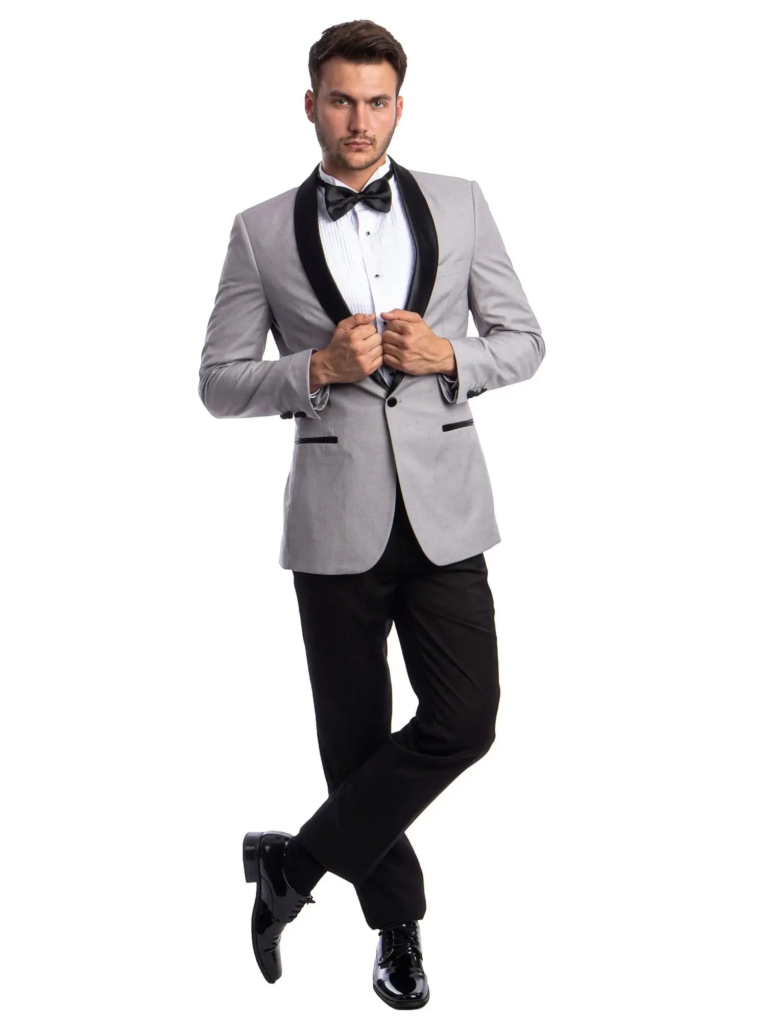 M & R Clothing men's grey tuxedo set with a black satin shawl collar, white dress shirt, and black bow tie.