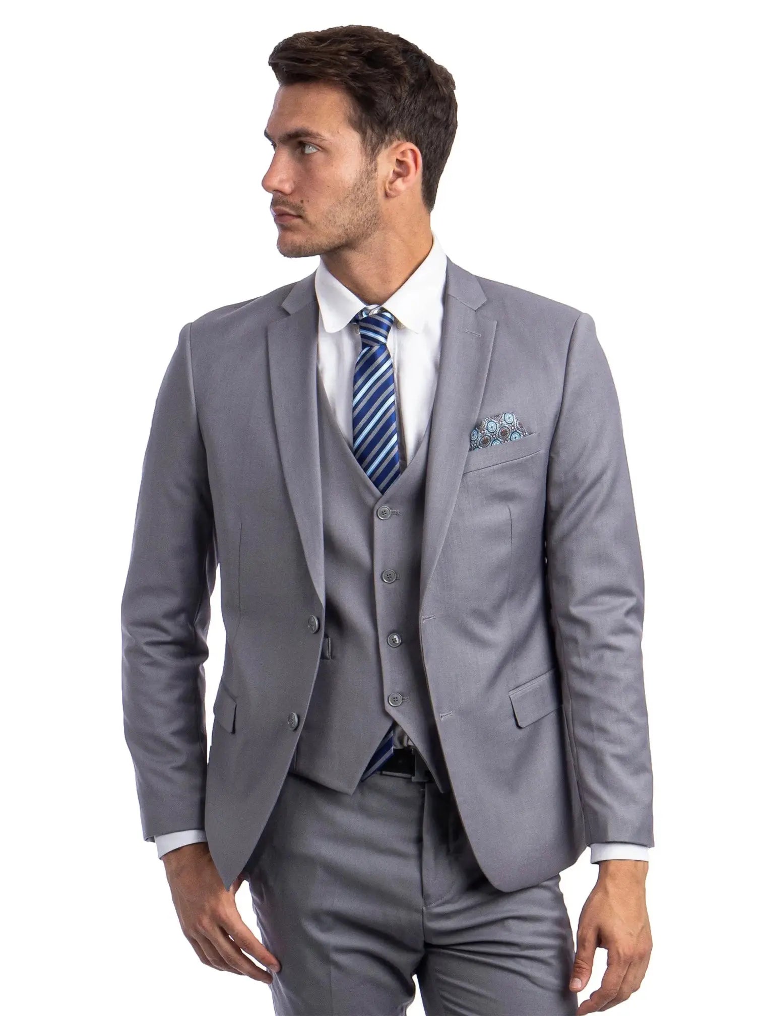 Model wearing a grey M & R Clothing skinny-fit 3-piece suit with a white shirt, striped tie, and pocket square.