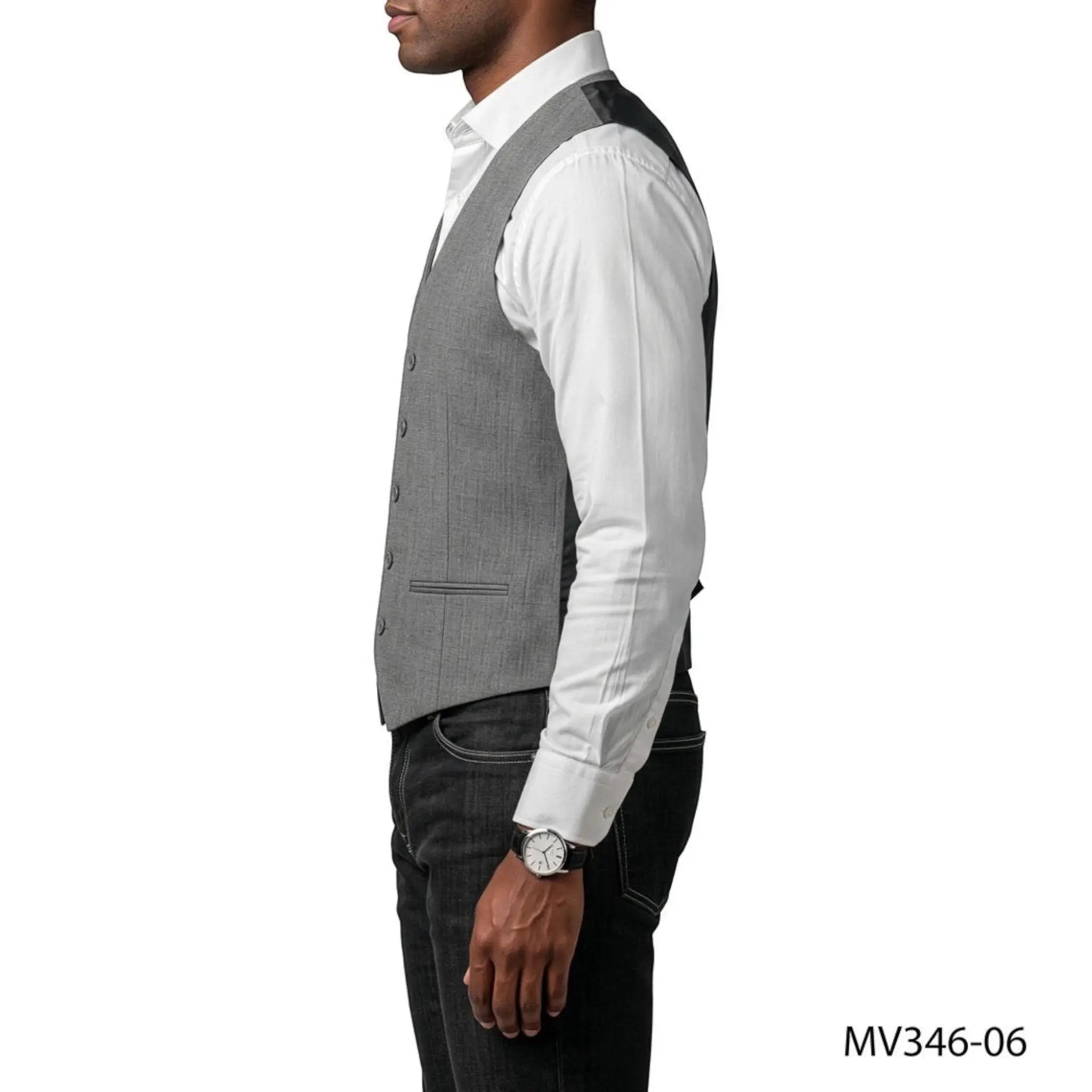 Side view of a man wearing a grey M & R Clothing single-breasted suit vest over a white dress shirt