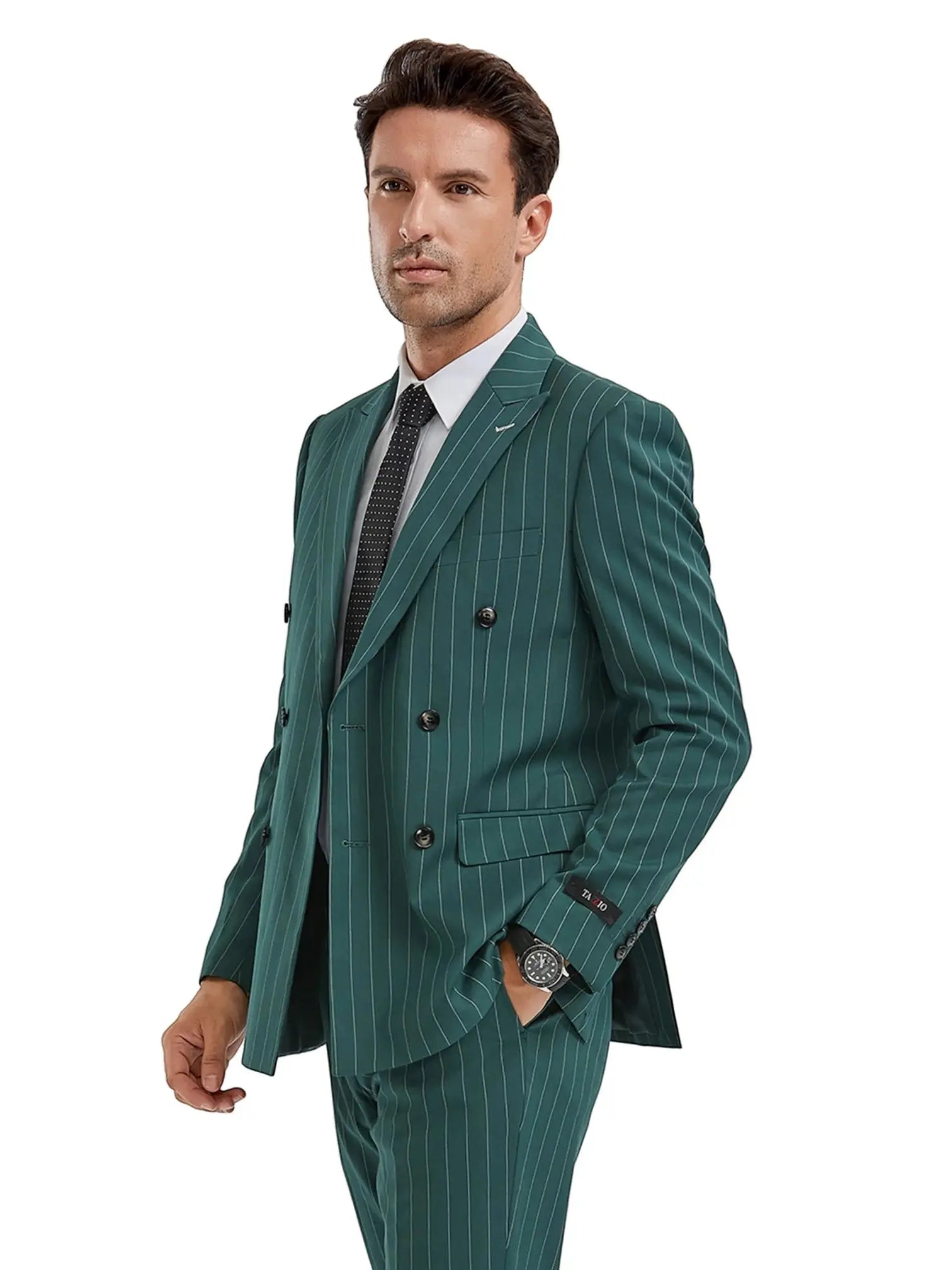Model wearing a M & R Clothing hunter green pinstripe double-breasted slim fit suit with peak lapels.