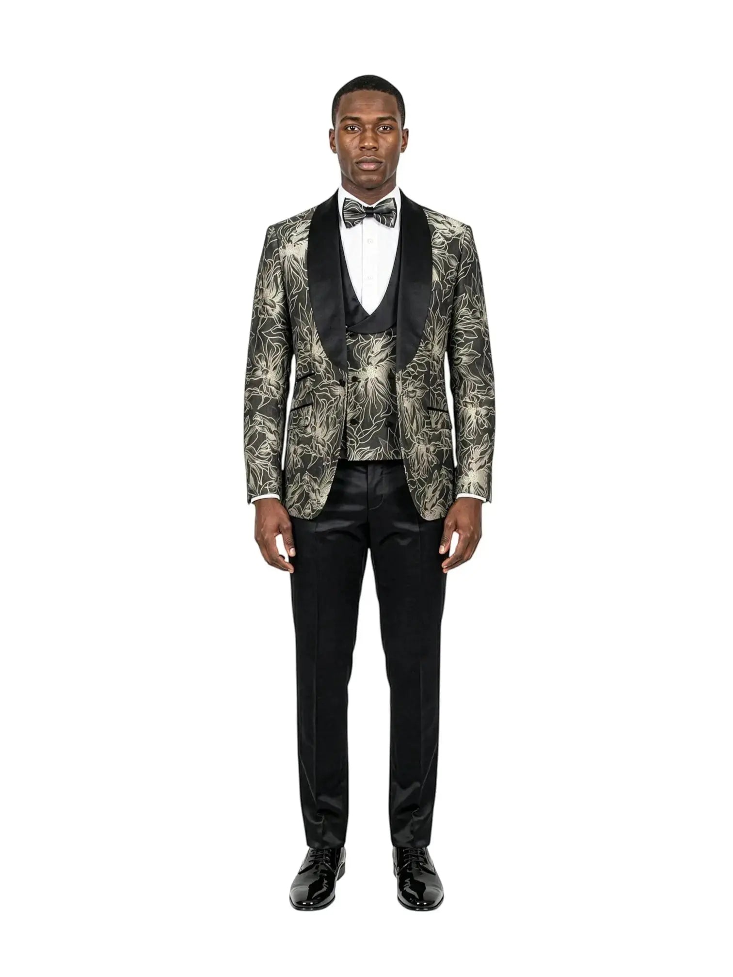 M & R Clothing 3-piece skinny fit tuxedo with a floral jacquard jacket, double-breasted vest, and satin shawl collar.