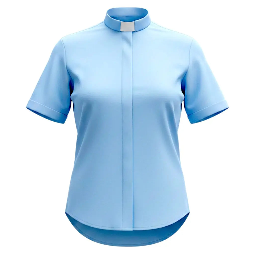 M & R Clothing light blue short sleeve clergy shirt for women with a classic tab collar and polished silhouette.