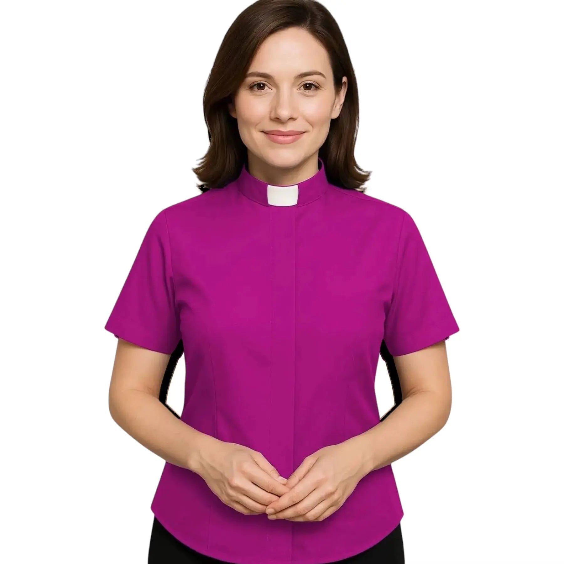 Woman wearing a magenta M & R Clothing short sleeve clergy shirt with a classic white tab collar on a white background