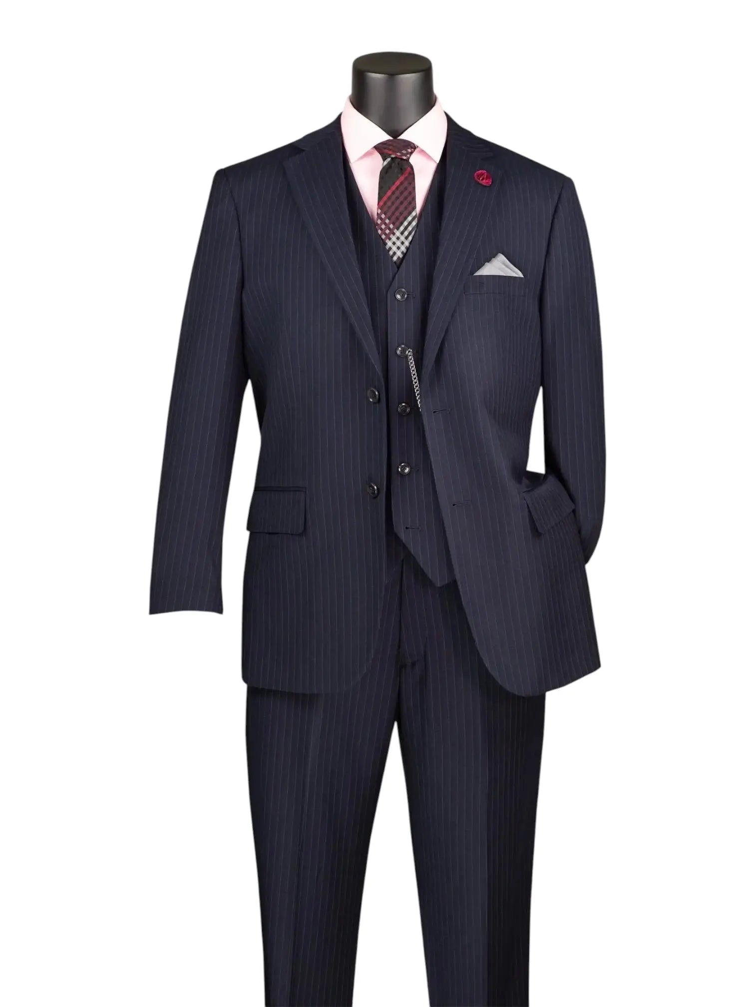 M & R Clothing navy pinstripe 3-piece suit with vest, pink shirt, and patterned tie on a mannequin