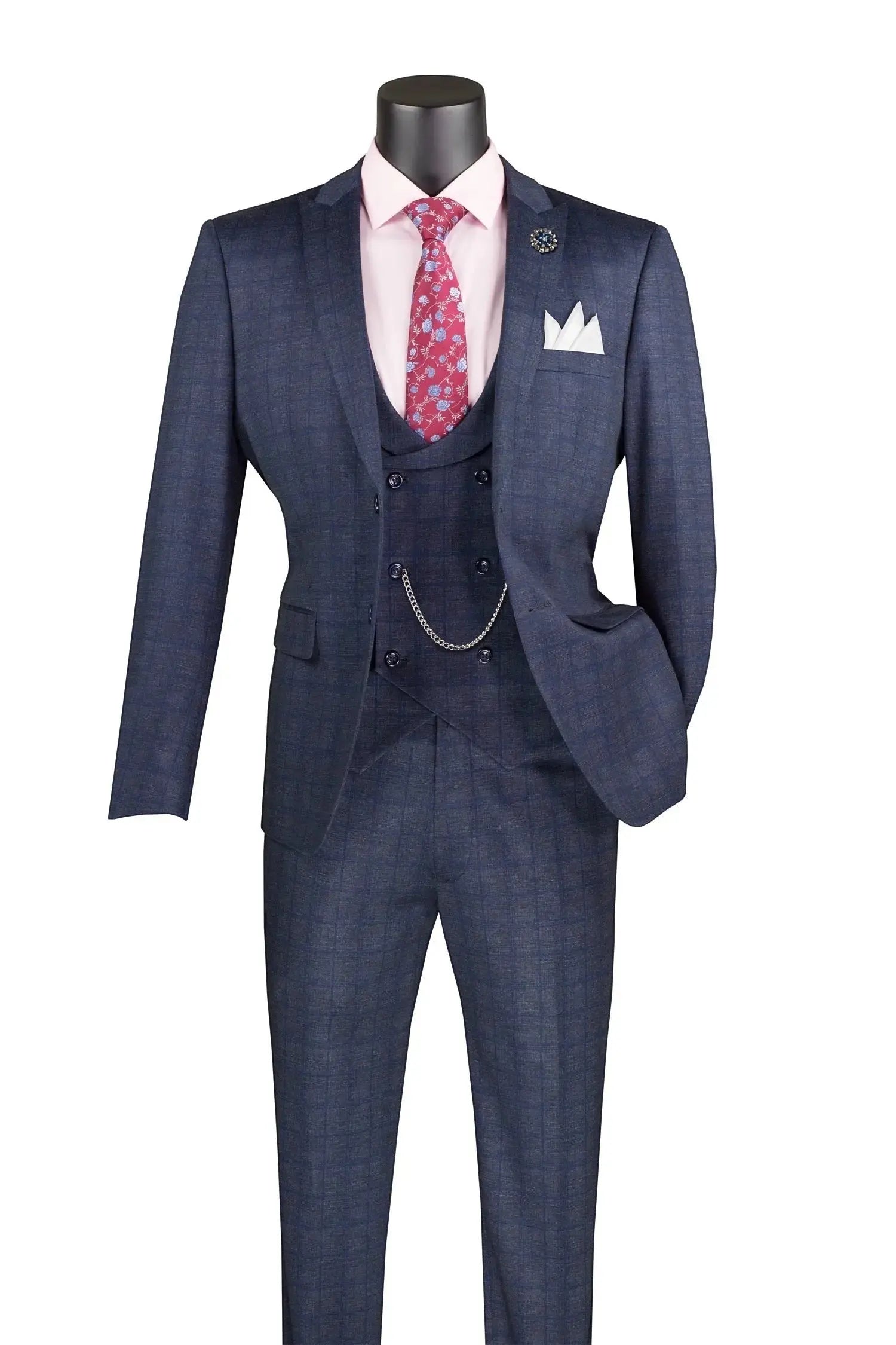 M & R Clothing navy blue 3-piece slim fit plaid suit with double-breasted vest, lapel pin, and pink dress shirt.