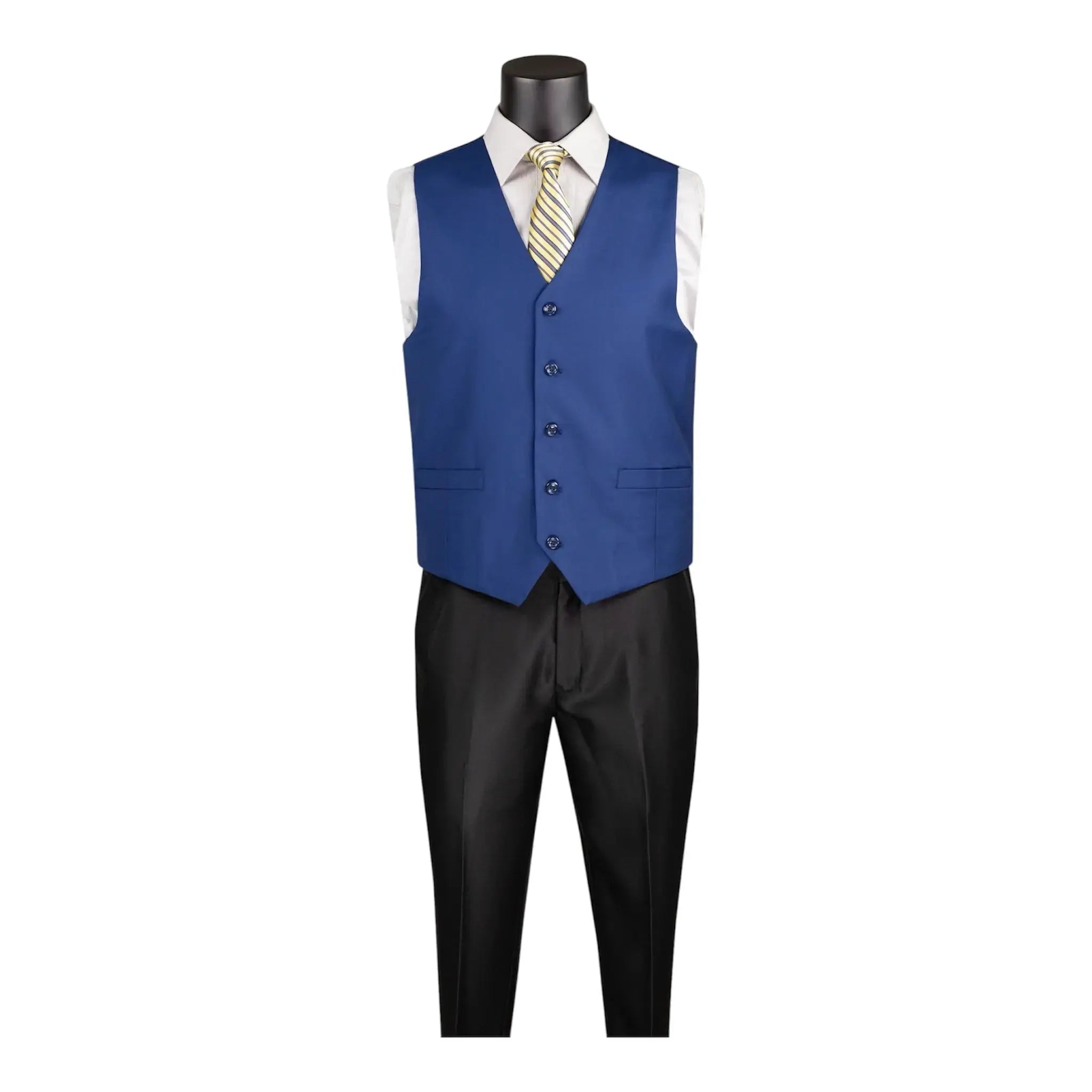 M & R Clothing navy blue single-breasted suit vest worn over a white dress shirt with a yellow striped tie