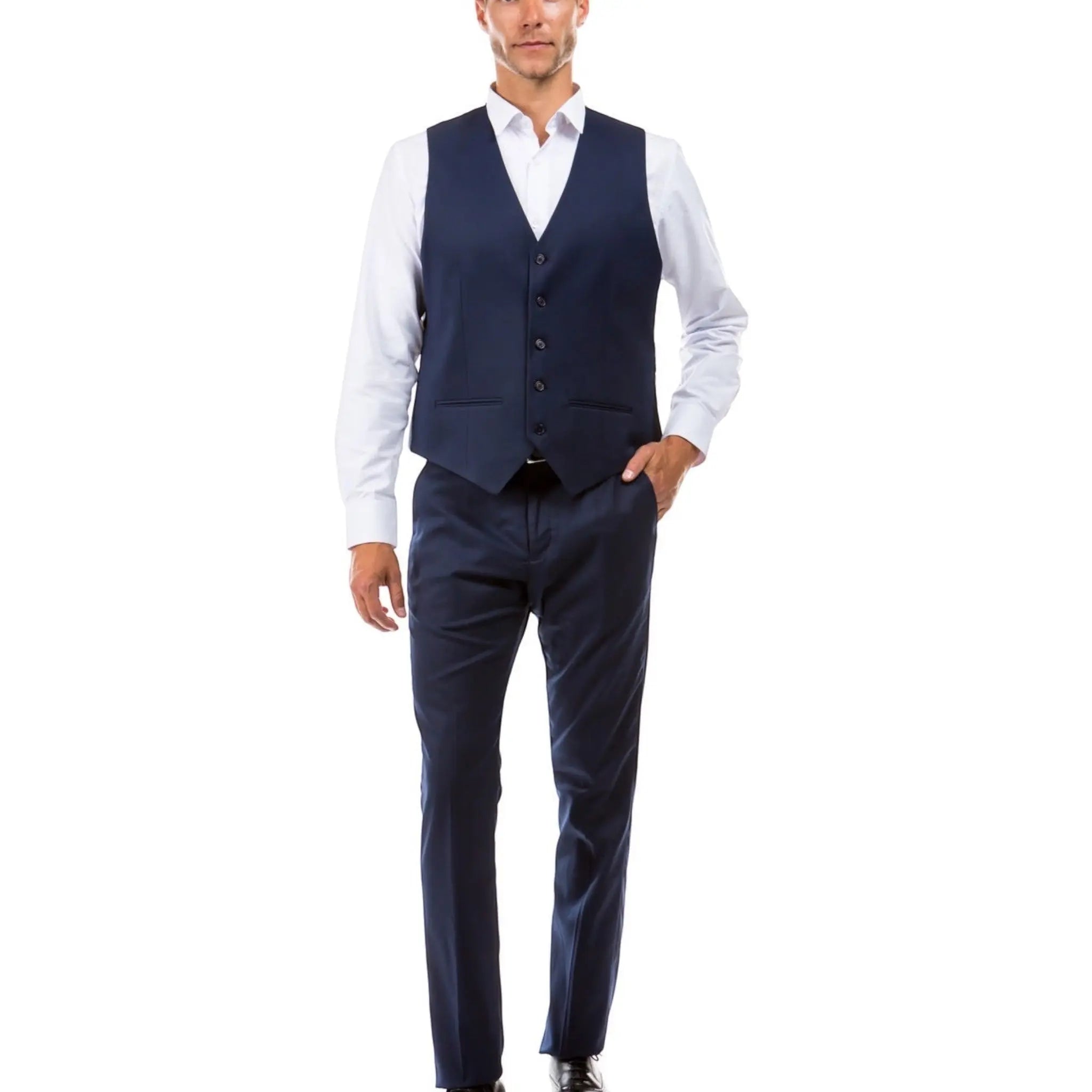 Model wearing a M & R Clothing navy blue single-breasted suit vest over a white dress shirt and matching trousers.