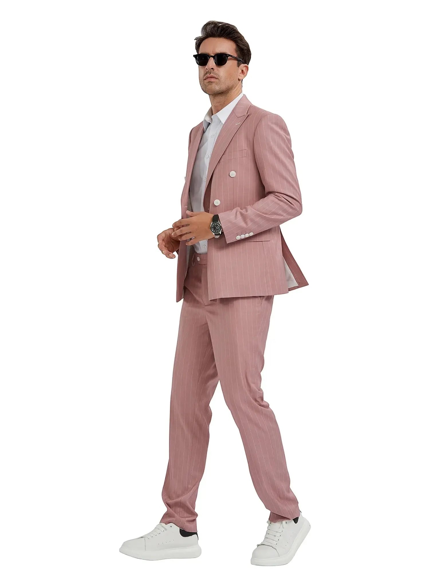 M & R Clothing pink pinstripe double-breasted slim fit suit worn by a man with sunglasses and white sneakers