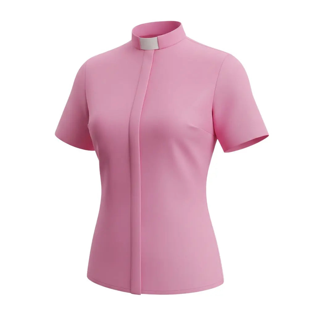 M & R Clothing pink short sleeve clergy shirt with a classic white tab collar for women in ministry