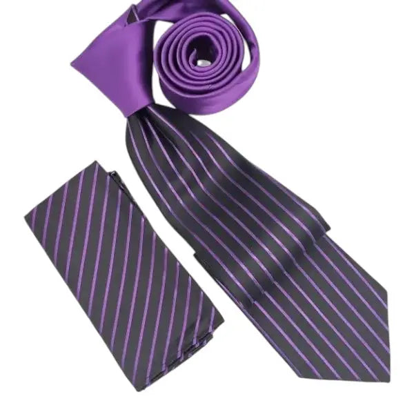M & R Clothing Stacy Adams purple and black vertical pinstripe necktie and matching pocket square set
