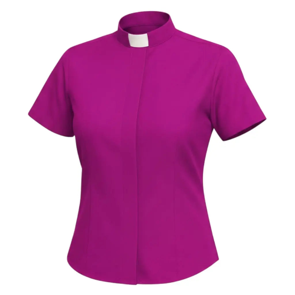 M & R Clothing ladies short sleeve clergy shirt in vibrant purple with a classic white tab collar for ministry wear.