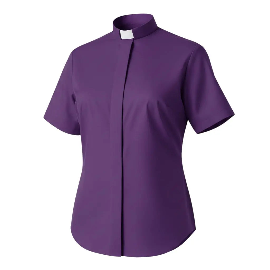 M & R Clothing purple short sleeve clergy shirt for women with a classic white tab collar for ministry wear.