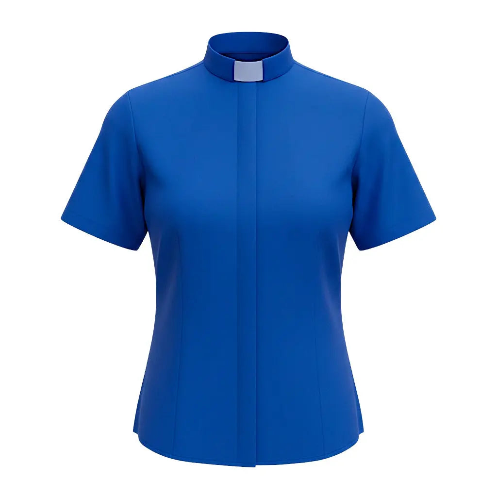 M & R Clothing royal blue short sleeve clergy shirt for women featuring a classic tab collar for ministry wear.