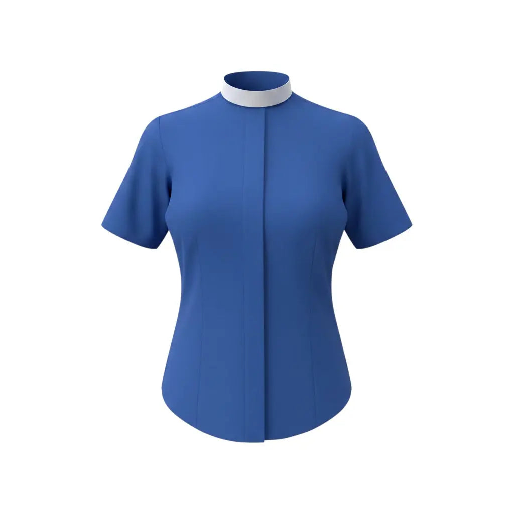 M & R Clothing royal blue short sleeve clergy shirt for women featuring a traditional white full Roman collar