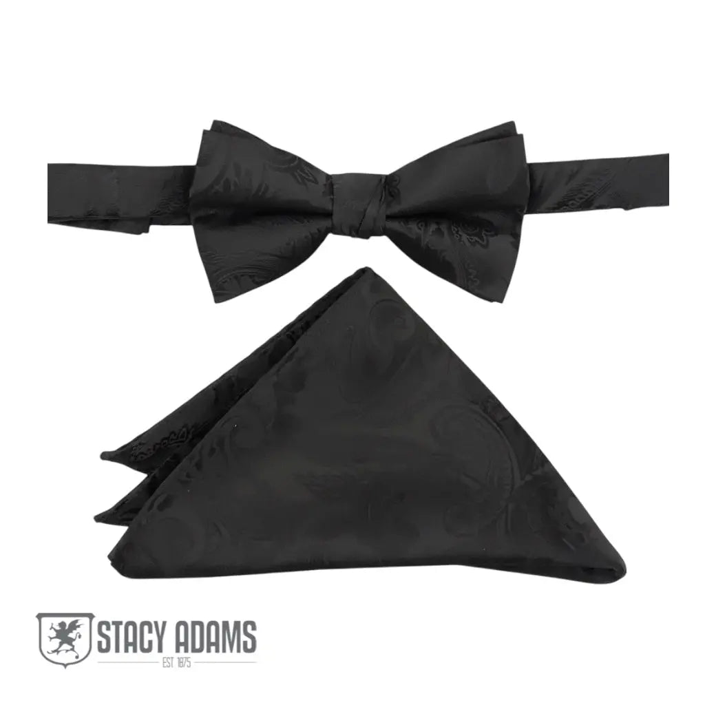 M & R Clothing Stacy Adams black paisley pre-tied bow tie and matching pocket square set for formal events